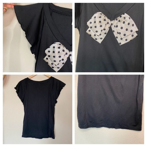 Betty's Cap Sleeve Black Short Sleeve Polk A Dot Bow Detail L - Picture 2 of 4